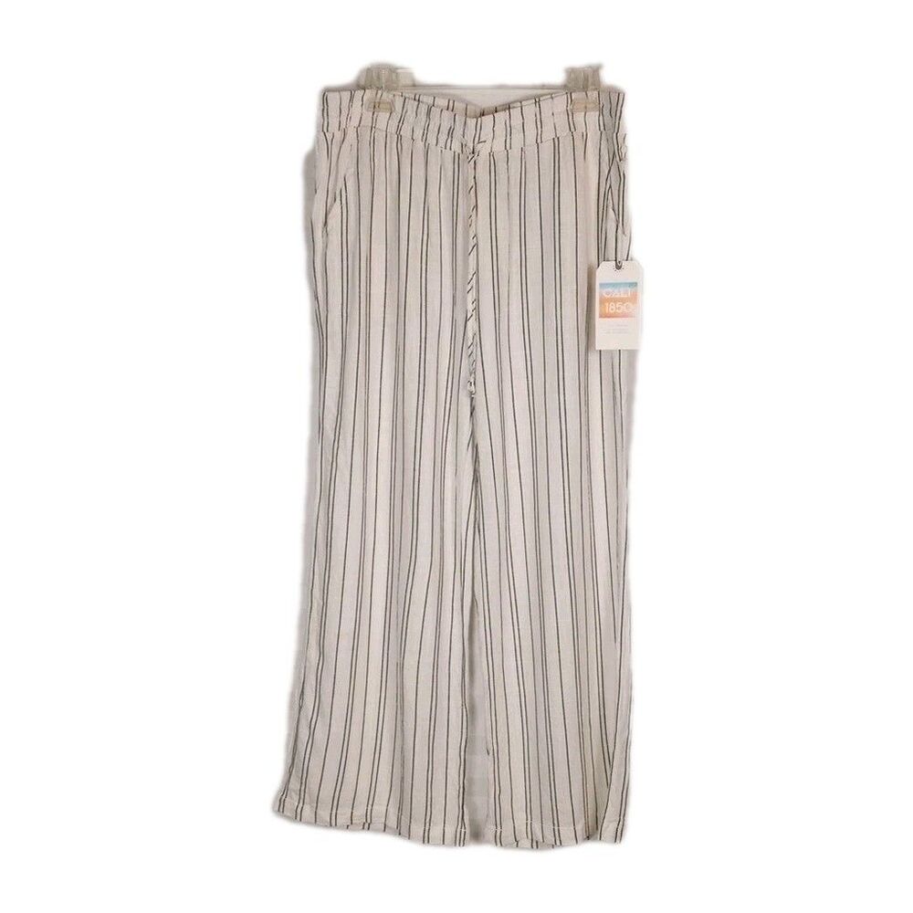CALI 1850 Linen Blend Wide Leg Palazzo Pants L Nautical Stripe White Coastal NWT